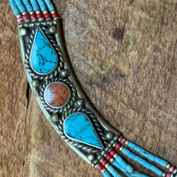 Tibetan Alpaca Silver Turquoise & Coral Mosaic Beaded Necklace - Picture 3 of 4